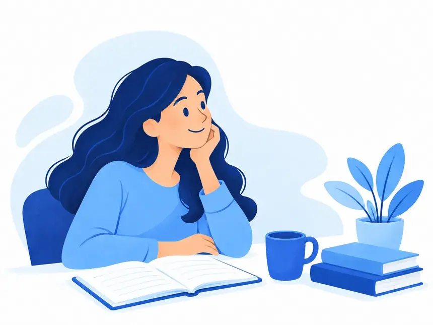 Ilustración de una estudiante reflexionando junto a sus libros de alemán.